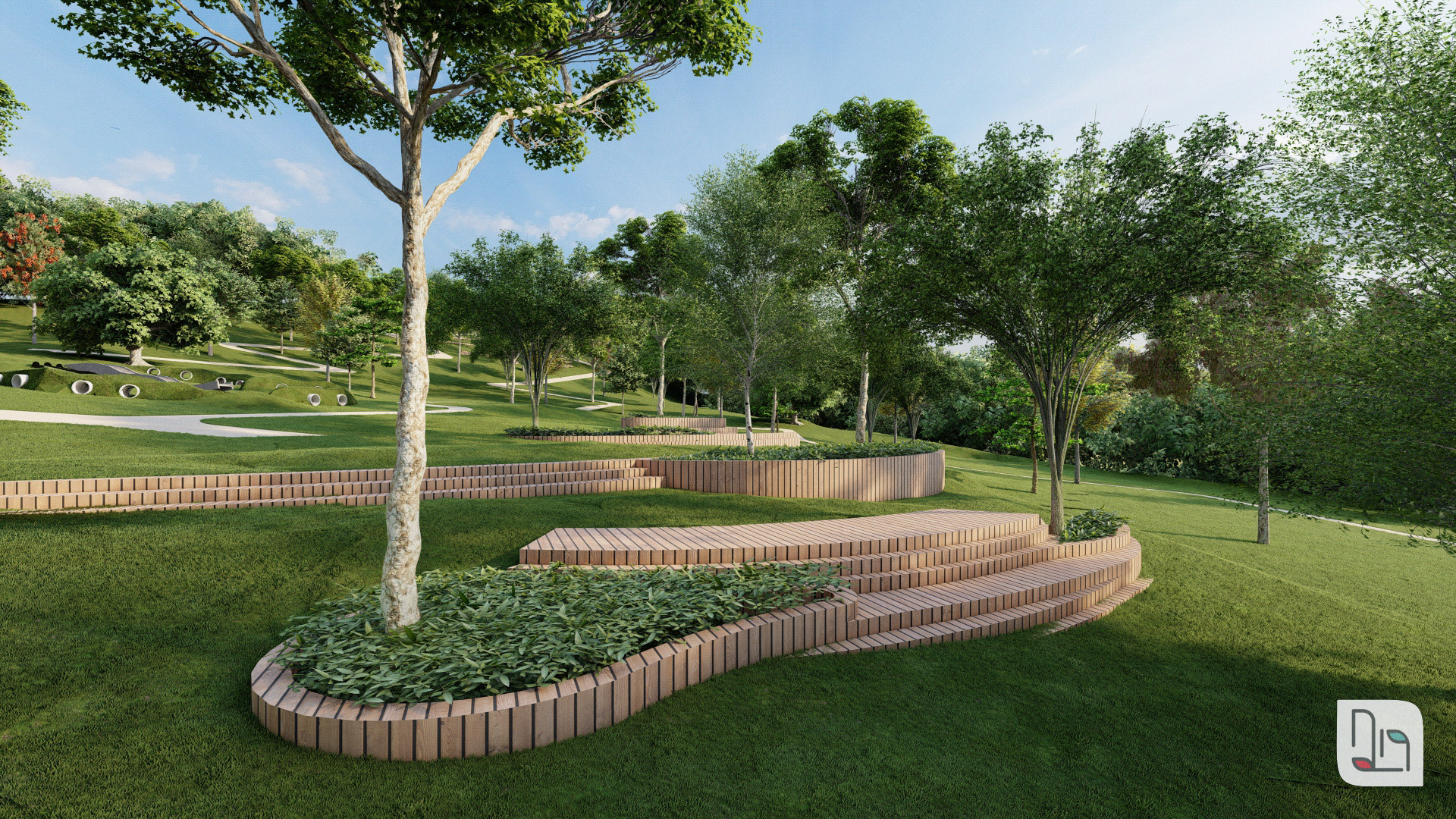 area verde com pista de caminhada e pomar